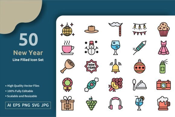 Download 50 Vector New Year Line Filled Icon Set - Set Collection
