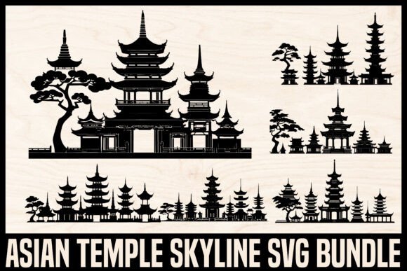 Download Asian Temple Skyline Silhouette Set - Set Collection