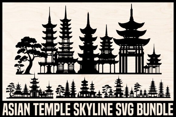 Download Asian Temple Skyline Silhouette Set - Set Collection