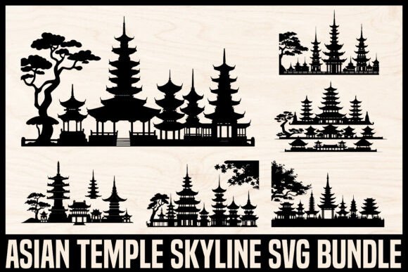 Download Asian Temple Skyline Silhouette Set - Set Collection