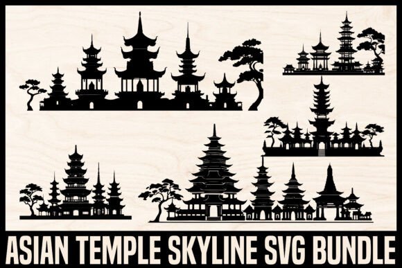 Download Asian Temple Skyline Silhouette Set - Set Collection